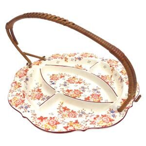 Antique Made Japan Hand Painted Divided Plate Rattan Handle Floral Decorative